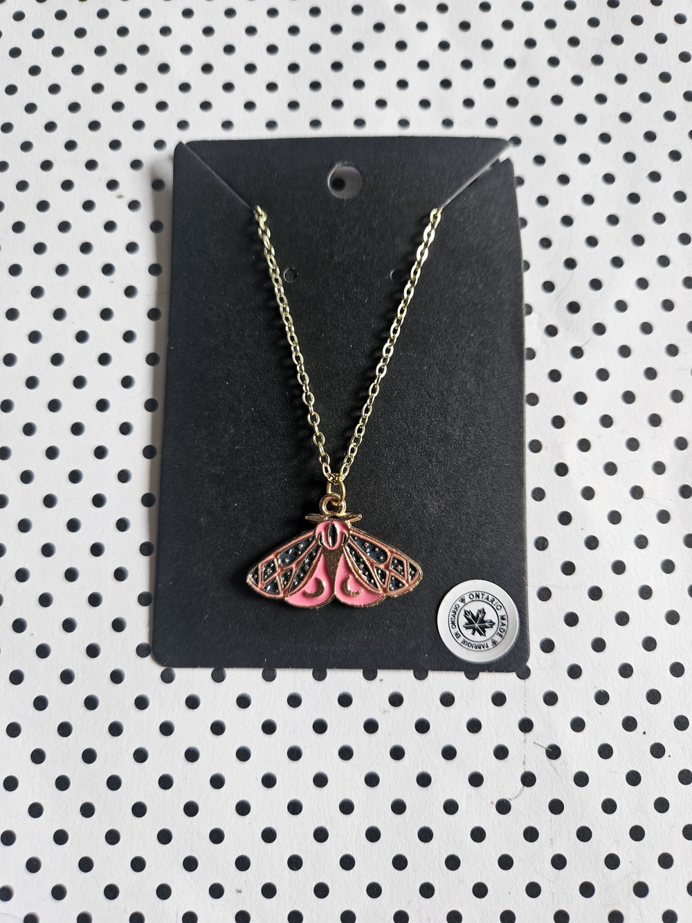 Pink Enamel Moth Pendant Necklace on Gold Chain